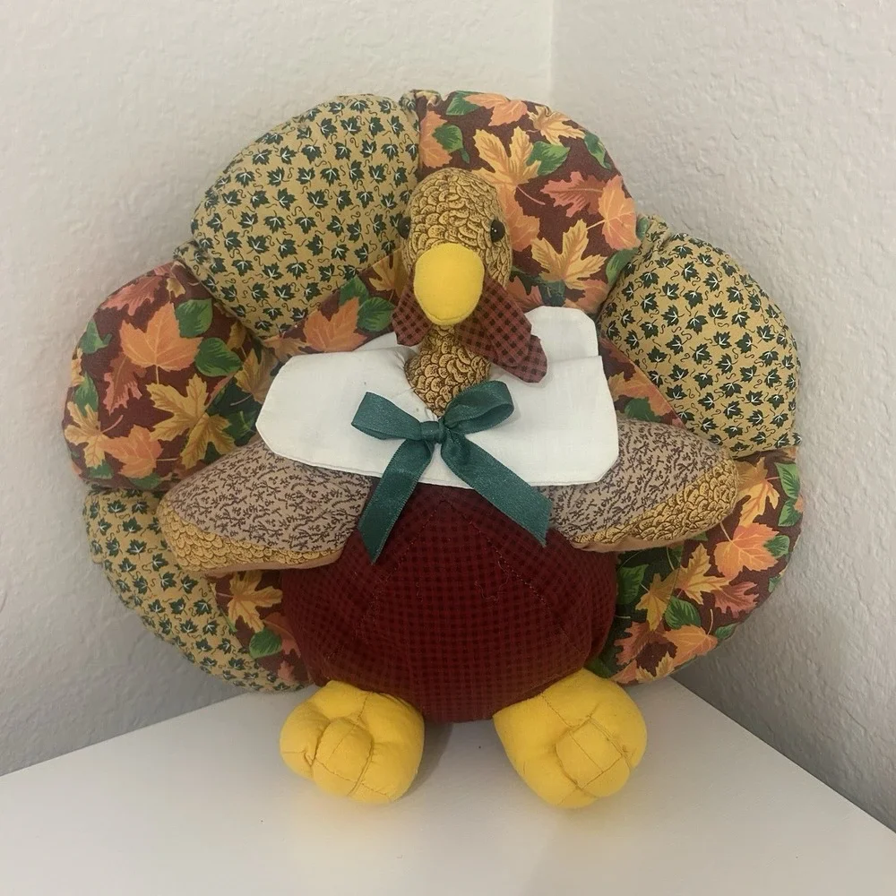 TWO Vintage Thanksgiving Patchwork Quilt Turkey Plush Centerpiece Folk Art